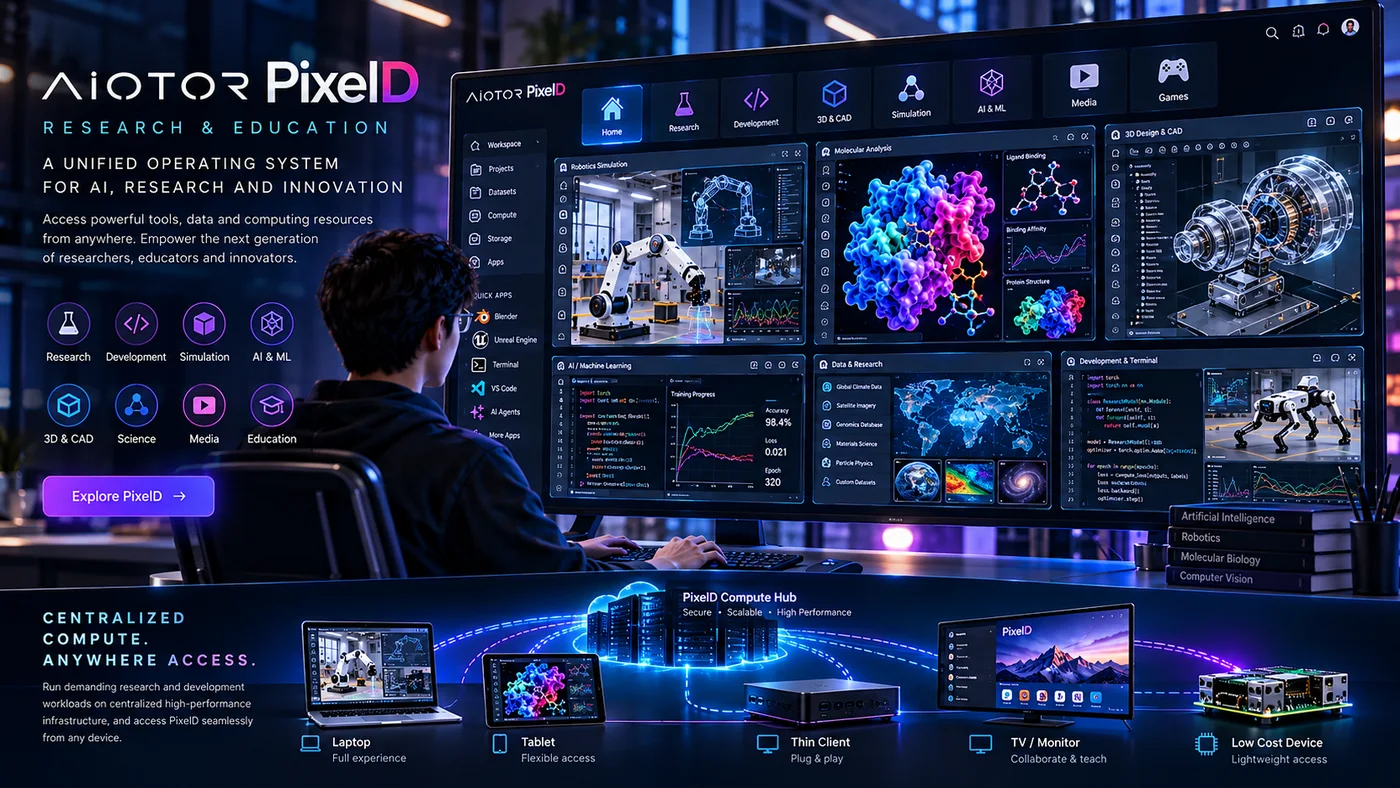 PixelD research and education workspace spanning robotics, molecular research, simulation, CAD and AI