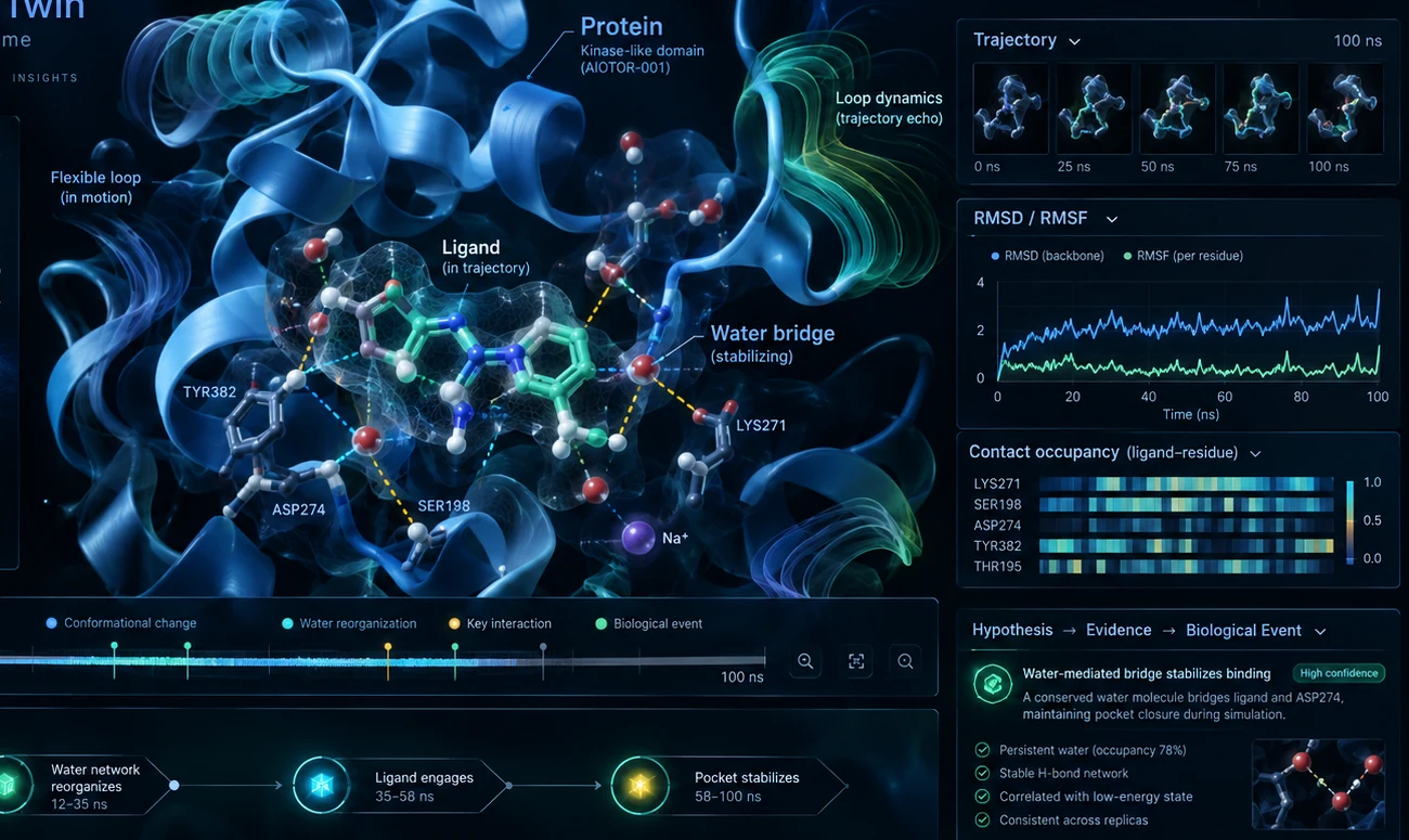 AIOTOR molecular research workspace with protein, ligand, water interactions, trajectory, energy and biological event context