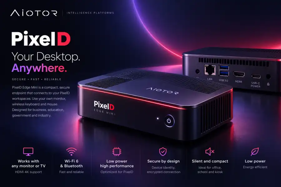 PixelD Edge Mini compact endpoint with monitor, wireless, HDMI and enterprise workspace positioning