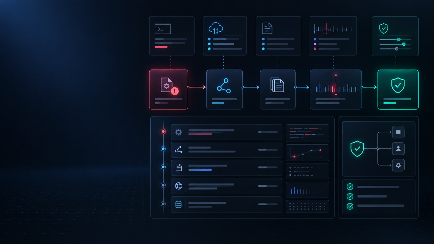 AIOTOR V9SEC evidence-led security dashboard showing process behavior, network activity, temporal evidence, evidence chain, event timeline and controlled response